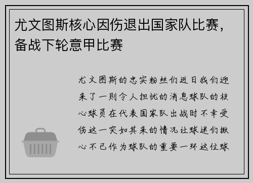 尤文图斯核心因伤退出国家队比赛，备战下轮意甲比赛